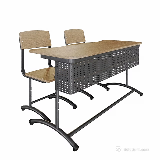 Practical Table and Chair Set with Wooden Tabletop Metal Frame and Two Seats 3d model 