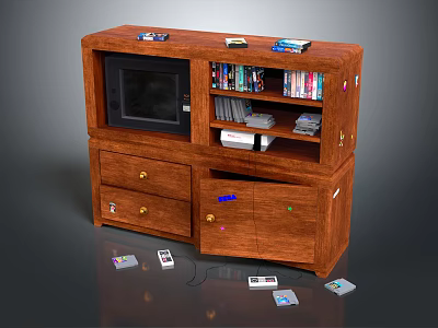 Wooden TV Stand With TV Shelves Books Discs Drawers And Scattered Remote Controls 3d model