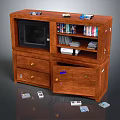 Wooden TV Stand With TV Shelves Books Discs Drawers And Scattered Remote Controls