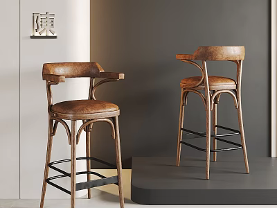 Vintage Leather Bar Stools With Armrests And Metal Frame For Kitchen Island 3d model