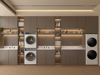 Modern Laundry Room With Stackable Washing Machine Dryer Built in Cabinets And Shelves 3d model
