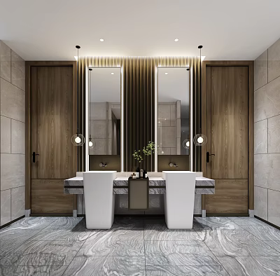Modern Public Restroom Interior With Double Vanity Marble Countertop Wooden Cabinets Mirrors And Pendant Lights 3d model