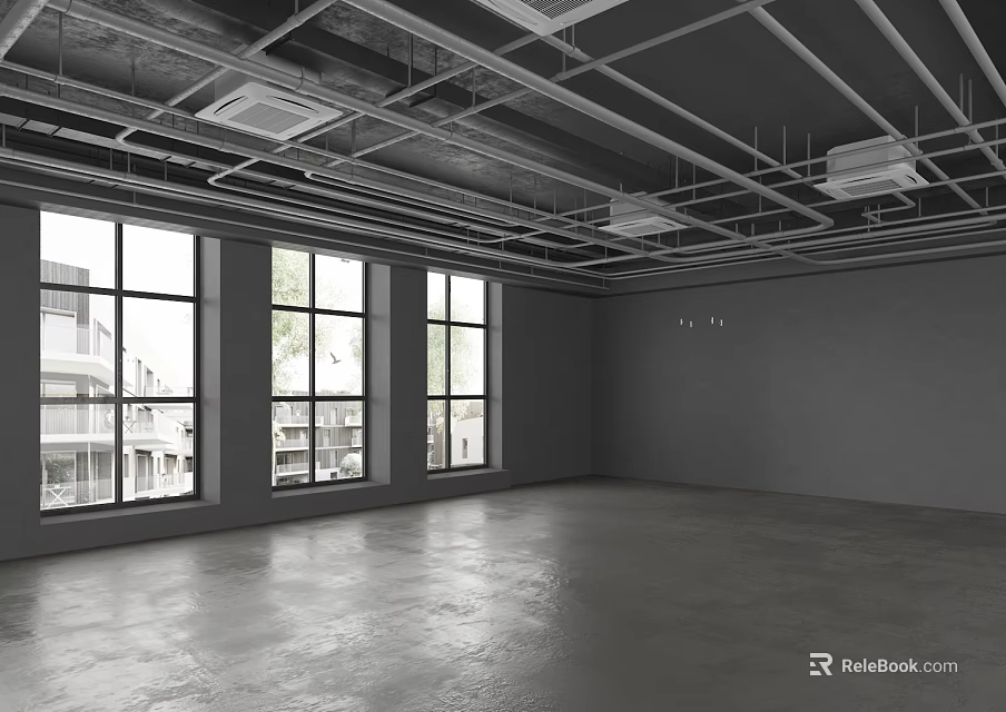 Exposed Ceiling With Metal Framework Pipes And Ventilation Units In Empty Space With Large Windows 3d model