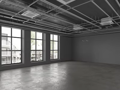 Exposed Ceiling With Metal Framework Pipes And Ventilation Units In Empty Space With Large Windows 3d model