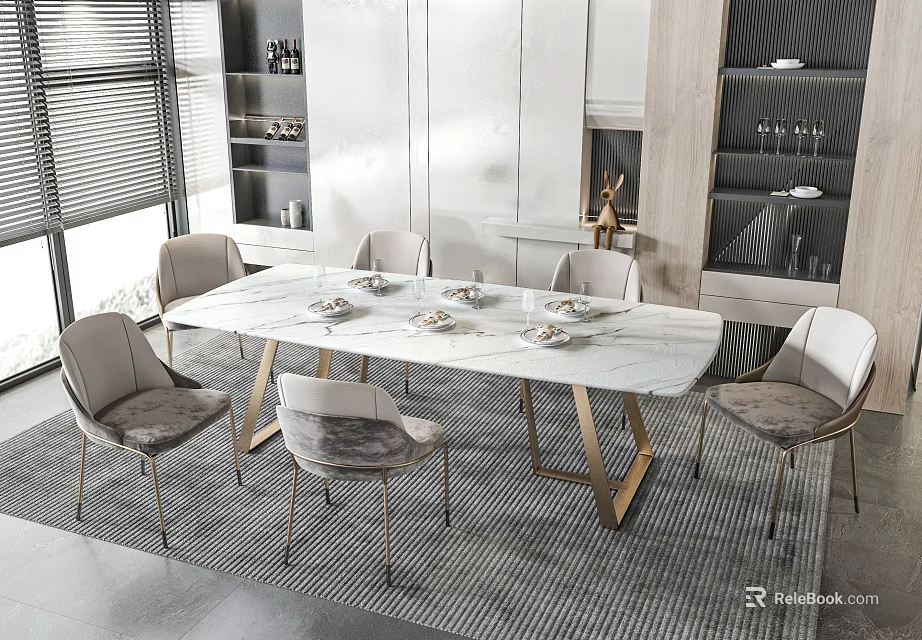 Modern Dining Table Set With Marble Top Gold Legs And Upholstered Chairs 3d model 