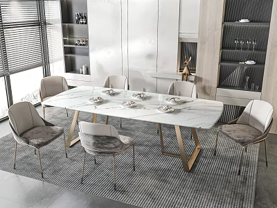 Modern Dining Table Set With Marble Top Gold Legs And Upholstered Chairs 3d model