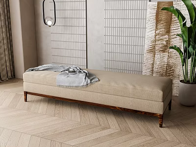 Light Beige Fabric Upholstered Bench on Herringbone Wooden Floor with Green Plant and Hanging Lamp 3d model