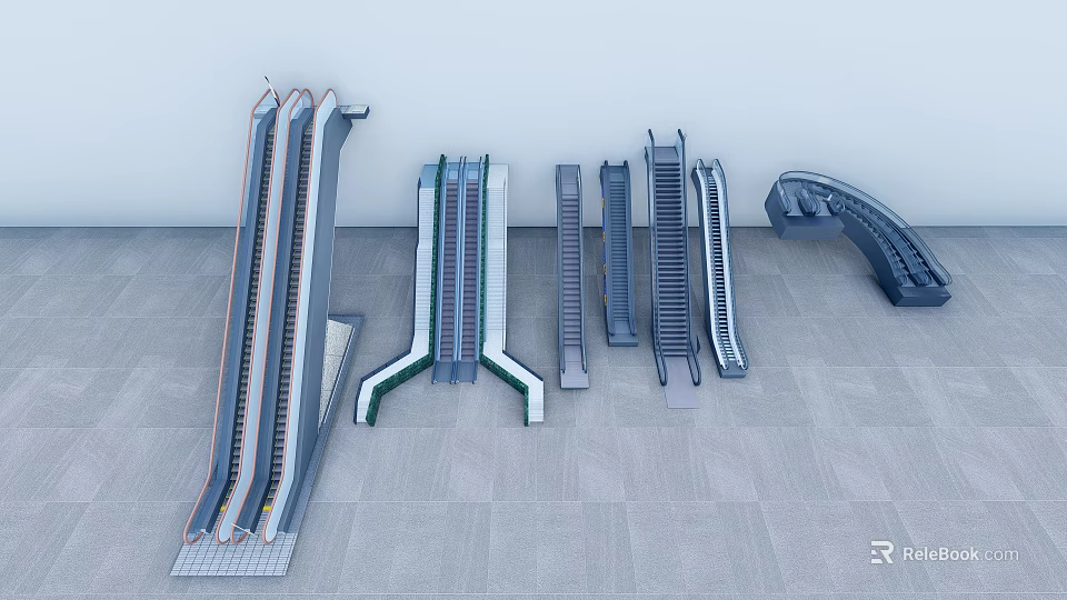 Different Types Of Elevators And Escalators Including Curved And Straight Models 3d model 