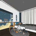 Tatami Bedroom Interior With Blue Starry Wallpaper Cloud Patterns Desk And Yellow Chair
