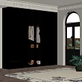 Black Wardrobe With Glass Doors In Room With Arched Windows And Green Plant On Rug