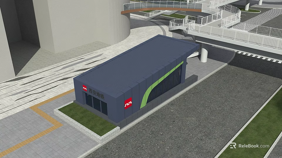Modern Urban Station Exterior With Blue Roof Green Accents And Glass Windows 3d model 