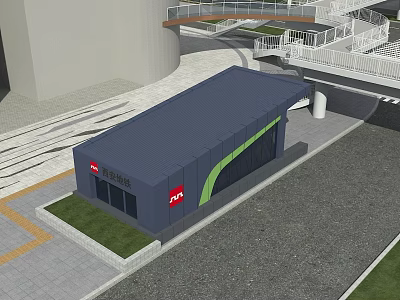 Modern Urban Station Exterior With Blue Roof Green Accents And Glass Windows 3d model