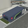 Modern Urban Station Exterior With Blue Roof Green Accents And Glass Windows