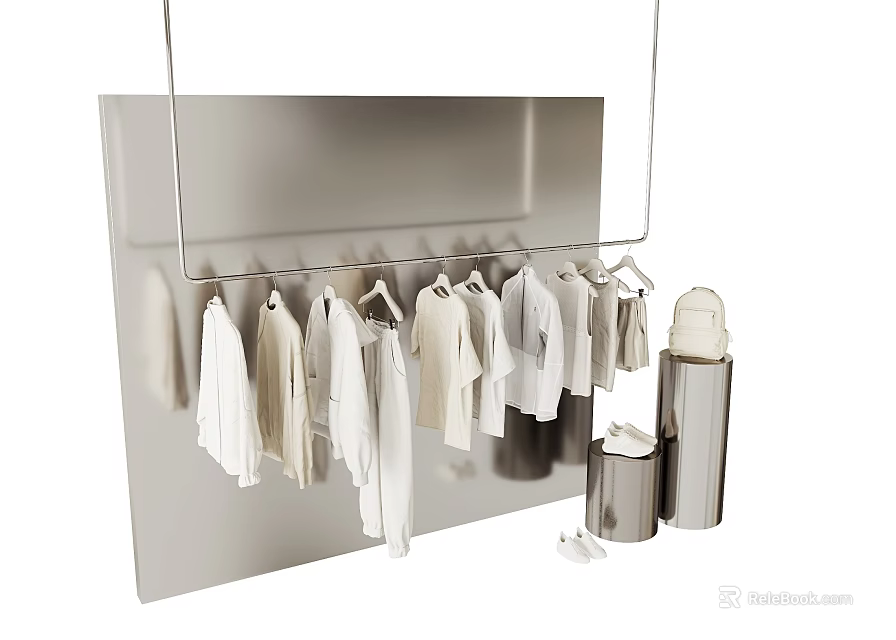 White Clothes Organized On Hangers With Silver Storage Bins And Light Colored Background 3d model 