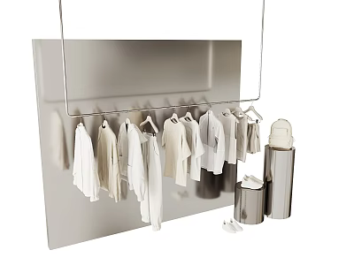 White Clothes Organized On Hangers With Silver Storage Bins And Light Colored Background 3d model