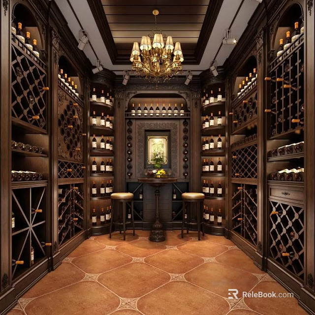 Luxurious Wine Cellar With Wooden Wine Racks Bottles Chandelier Central Table Stools And Tile Floor 3d model 