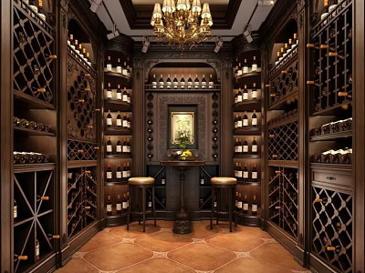 Luxurious Wine Cellar With Wooden Wine Racks Bottles Chandelier Central Table Stools And Tile Floor 3d model