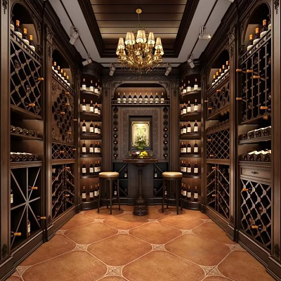 Luxurious Wine Cellar With Wooden Wine Racks Bottles Chandelier Central Table Stools And Tile Floor 3d model