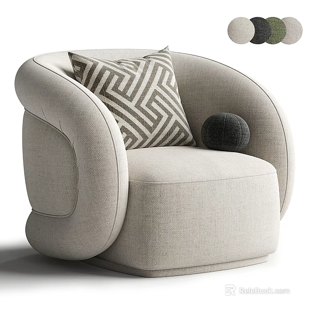 Stylish Single Seater Sofa With Beige Fabric Geometric Cushion And Black Decorative Ball 3d model 
