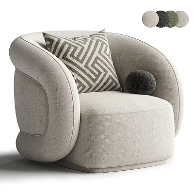 Stylish Single Seater Sofa With Beige Fabric Geometric Cushion And Black Decorative Ball 3d model