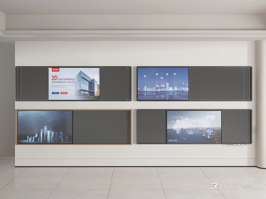 Modern Display Wall With Multiple Screens Showing City Buildings And Landscape Views 3d model 