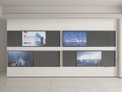 Modern Display Wall With Multiple Screens Showing City Buildings And Landscape Views 3d model