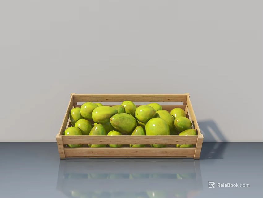 Fresh Green Mangoes in Wooden Crate on Gray Countertop with Light Background 3d model 