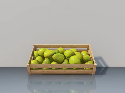 Fresh Green Mangoes in Wooden Crate on Gray Countertop with Light Background 3d model