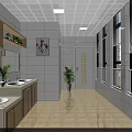 Bright Public Restroom Interior With Wooden Cabinets Sinks And Potted Plants
