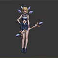 Woman With Blonde Hair In Blue Outfit Holding Bow With Crystal Arrows And Crystal Decorations