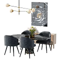 Modern Dining Table Set with Gray Chairs Pendant Lights and Decorative Painting 3d model
