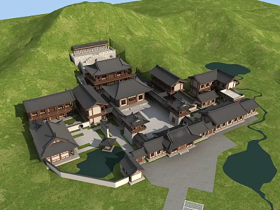 Scenic Ancient Chinese Architecture in Green Hills with Courtyard Layout and Water Features 3d model