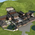 Scenic Ancient Chinese Architecture in Green Hills with Courtyard Layout and Water Features