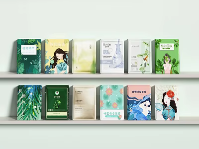 Perfume and Cosmetics Packaging With Botanical And Illustrated Designs On Shelf 3d model