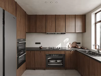 Modern Kitchen Interior Design With Wooden Cabinets Stainless Steel Appliances Black Countertops And Natural Light 3d model
