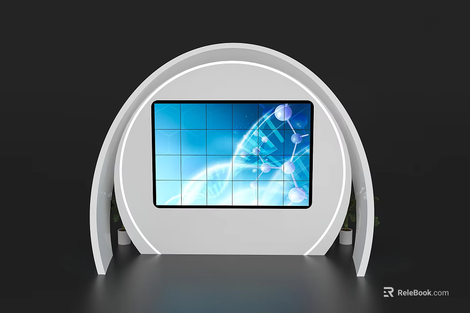 White Curved Exhibition Island Design With Large Screen Showing DNA Structure And Green Plants 3d model 