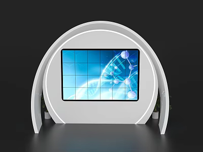 White Curved Exhibition Island Design With Large Screen Showing DNA Structure And Green Plants 3d model
