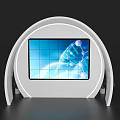 White Curved Exhibition Island Design With Large Screen Showing DNA Structure And Green Plants