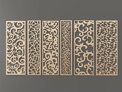 Wooden Room Dividers With Six Different Intricate Carved Patterns For Interior Design 3d model