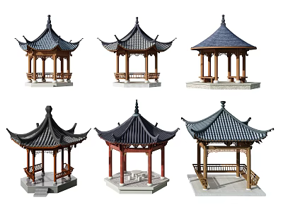 Six Different Traditional Chinese Pavilion Designs With Classic Roof And Column Structures 3d model
