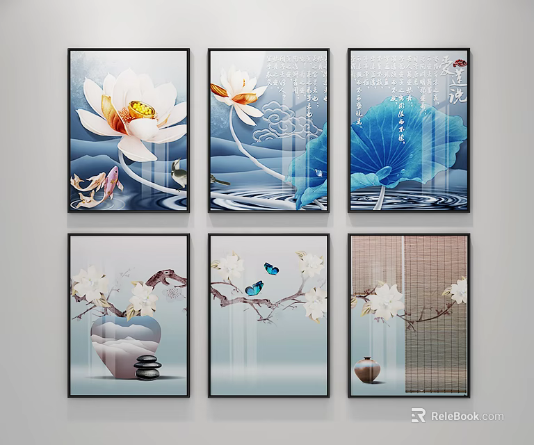 Chinese Style Decorative Paintings With Lotus Fish Butterflies And Branches 3d model 