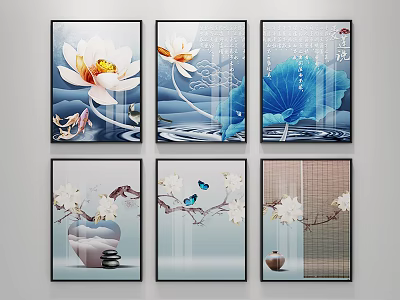 Chinese Style Decorative Paintings With Lotus Fish Butterflies And Branches 3d model