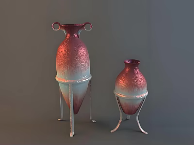 Two Glossy Ceramic Vases With Copper Gradient Color On Metal Stands 3d model