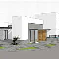 Modern Detached Villa With White Exterior Geometric Architecture And Landscaped Driveway