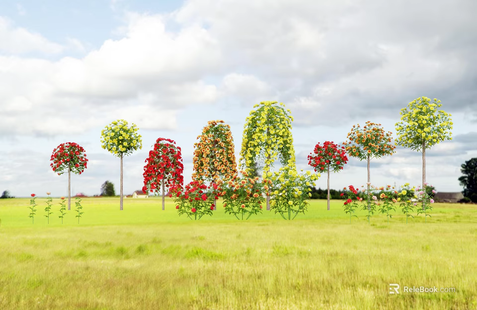 Vase with Red Yellow Orange Flowers in Green Meadow Under Cloudy Sky 3d model 