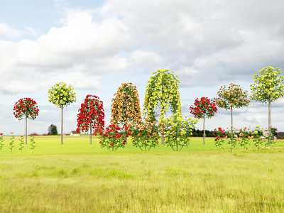 Vase with Red Yellow Orange Flowers in Green Meadow Under Cloudy Sky 3d model