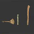 Handmade Wooden Artifacts Including Fan Shaped Tool Small Figurine And Long Stick