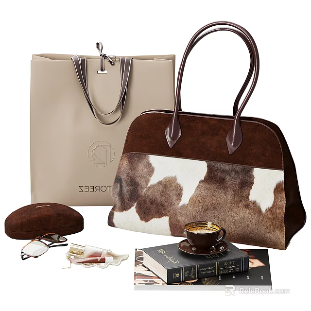 Stylish Beige Tote Bag And Brown Cowhide Pattern Handbag With Cosmetics Coffee And Books 3d model 