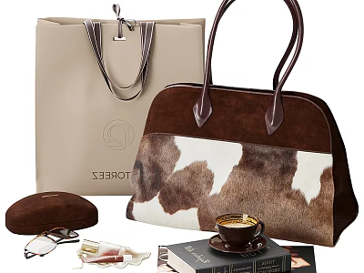Stylish Beige Tote Bag And Brown Cowhide Pattern Handbag With Cosmetics Coffee And Books 3d model