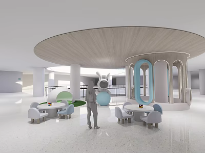 Modern Interactive Zone Interior With Circular Wooden Ceiling White Floor And Tables Chairs 3d model